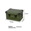 Waterproof vehicle-mounted storage box in Army Green, shown in medium size dimensions.