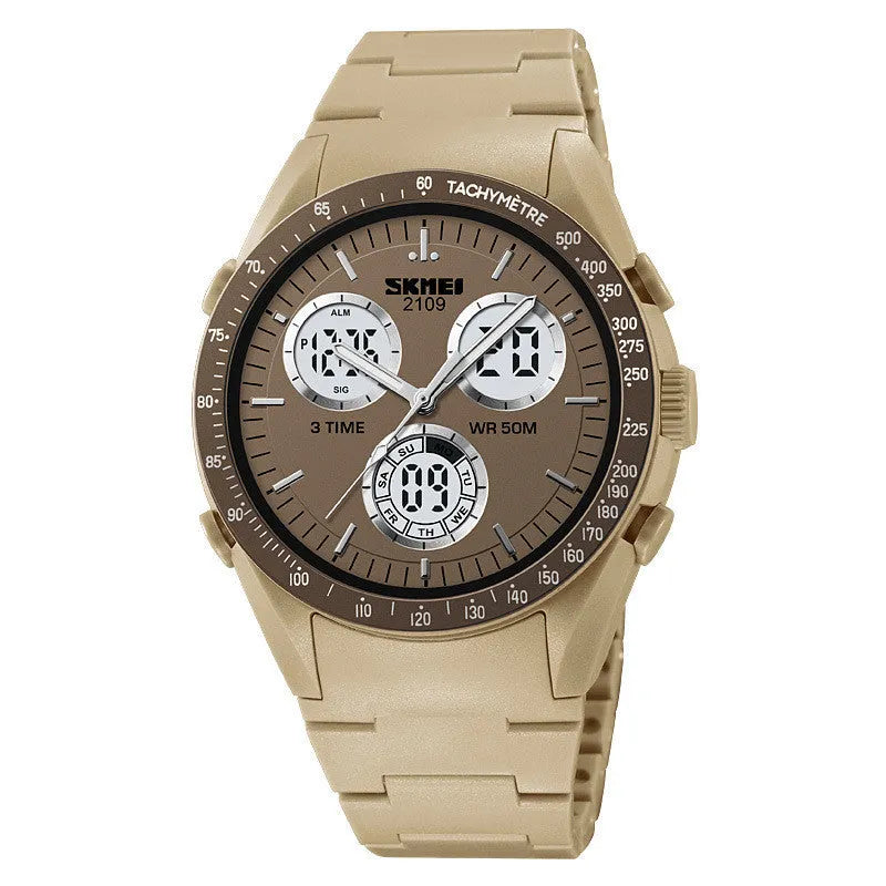 Electronic casual watch with digital display on a camouflage TPU strap, showing time and date.