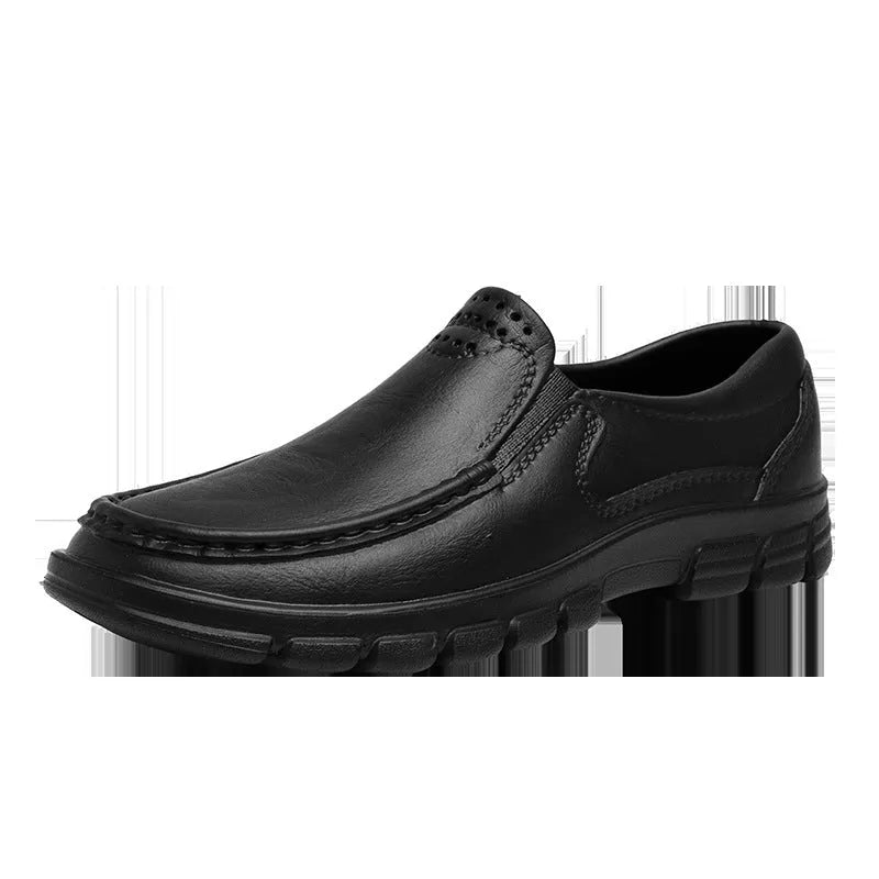 Men's black slip-on work shoes with a platform sole and round toe.