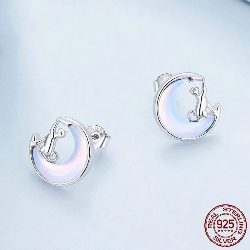 925 silver moon cat stud earrings with cute animal zodiac design