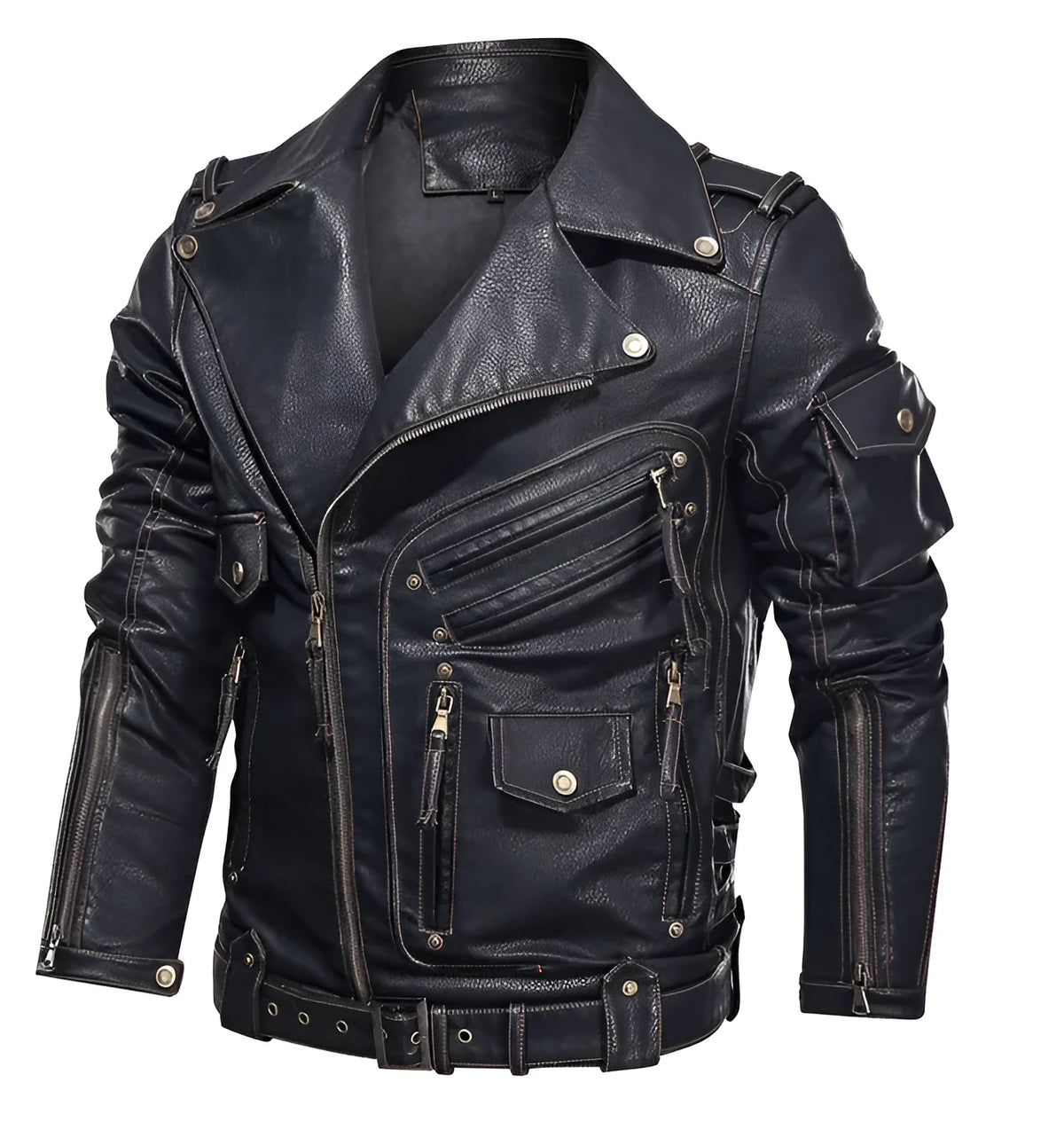 Men's black PU leather coat jacket with zip front and lapel collar, sizes S to 5XL