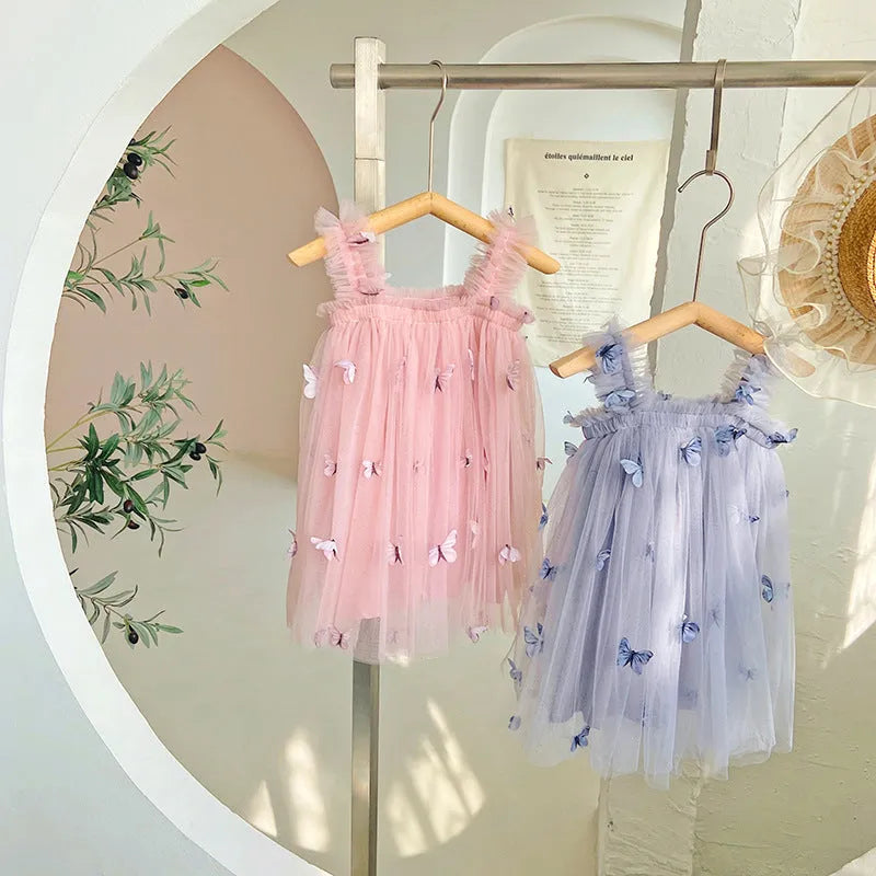 Butterfly embroidery mesh girls' braces skirt in nude pink, with cotton lining and sling straps