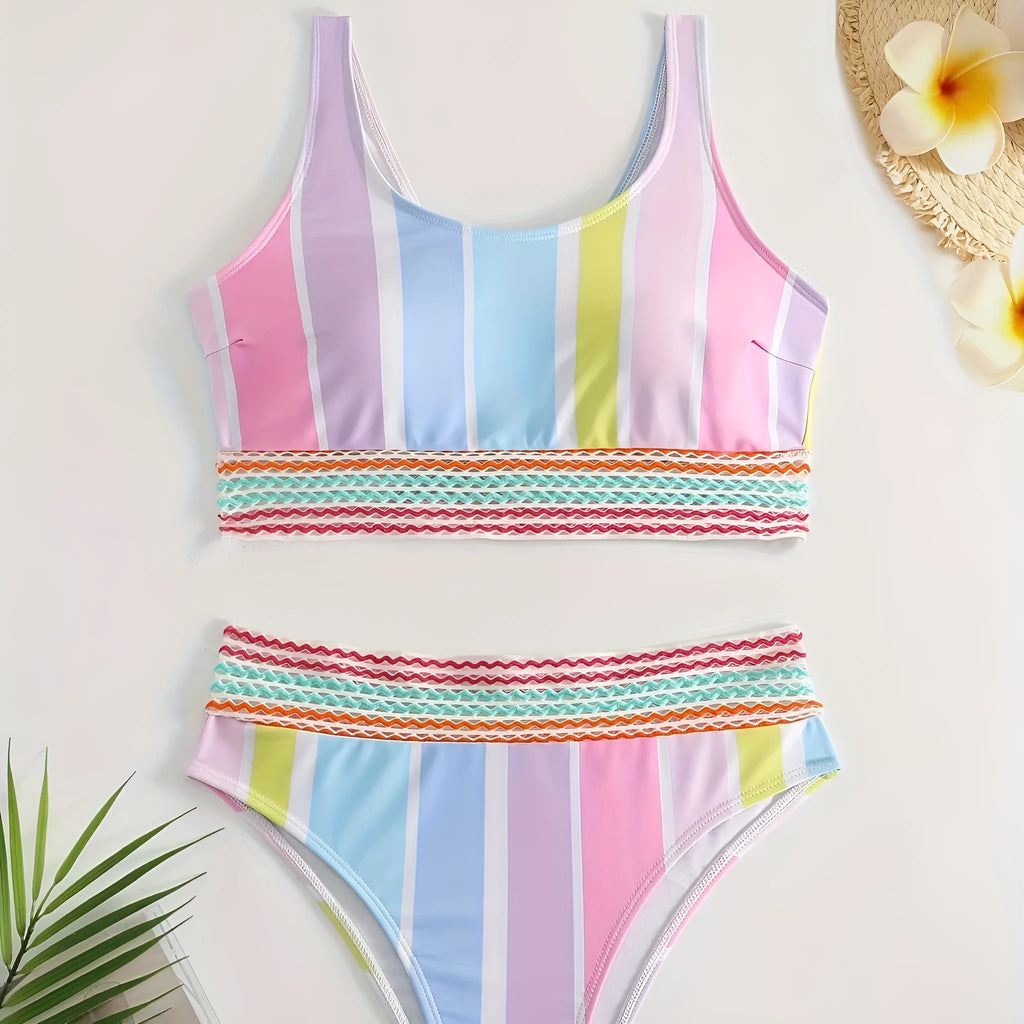 Women's striped sports bikini top and briefs on a mannequin, showing the European and American style pattern.