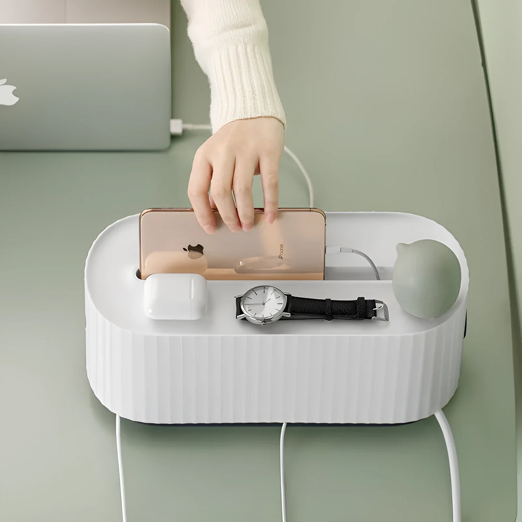 Blue and white HIPS power strip storage box with cable holes and phone slot