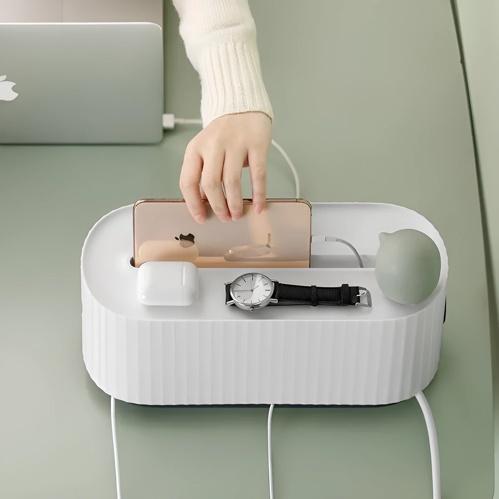 Blue and white HIPS power strip storage box with cable holes and phone slot