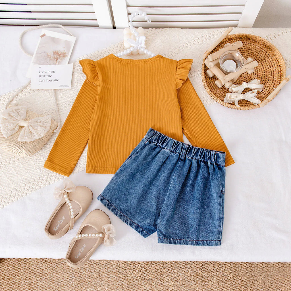 Khaki flower embroidered denim shorts set for girls with long sleeve top and shorts