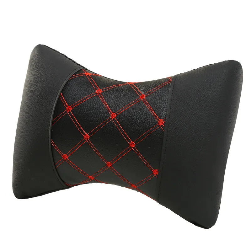 Black quilted artificial leather car headrest pillow with diamond pattern for neck support.