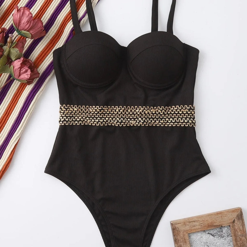 Black women's one-piece swimsuit with adjustable shoulder straps for swimming