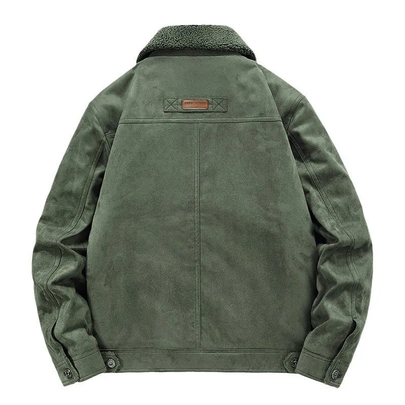 Men's deerskin jacket in khaki colour, polyester fiber with insulation and windproof features, business formal style for autumn winter