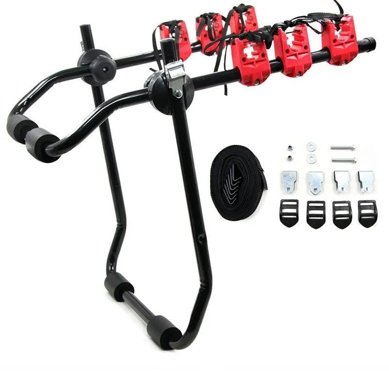 Black and red iron frame bike rack with straps for car boot mounting.