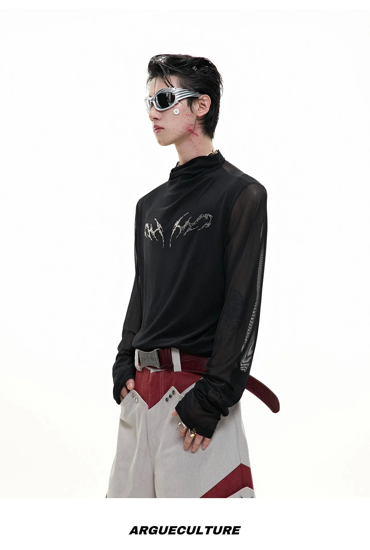 Men's black slim-fit long sleeve mesh bottoming shirt with a cooling fabric texture.