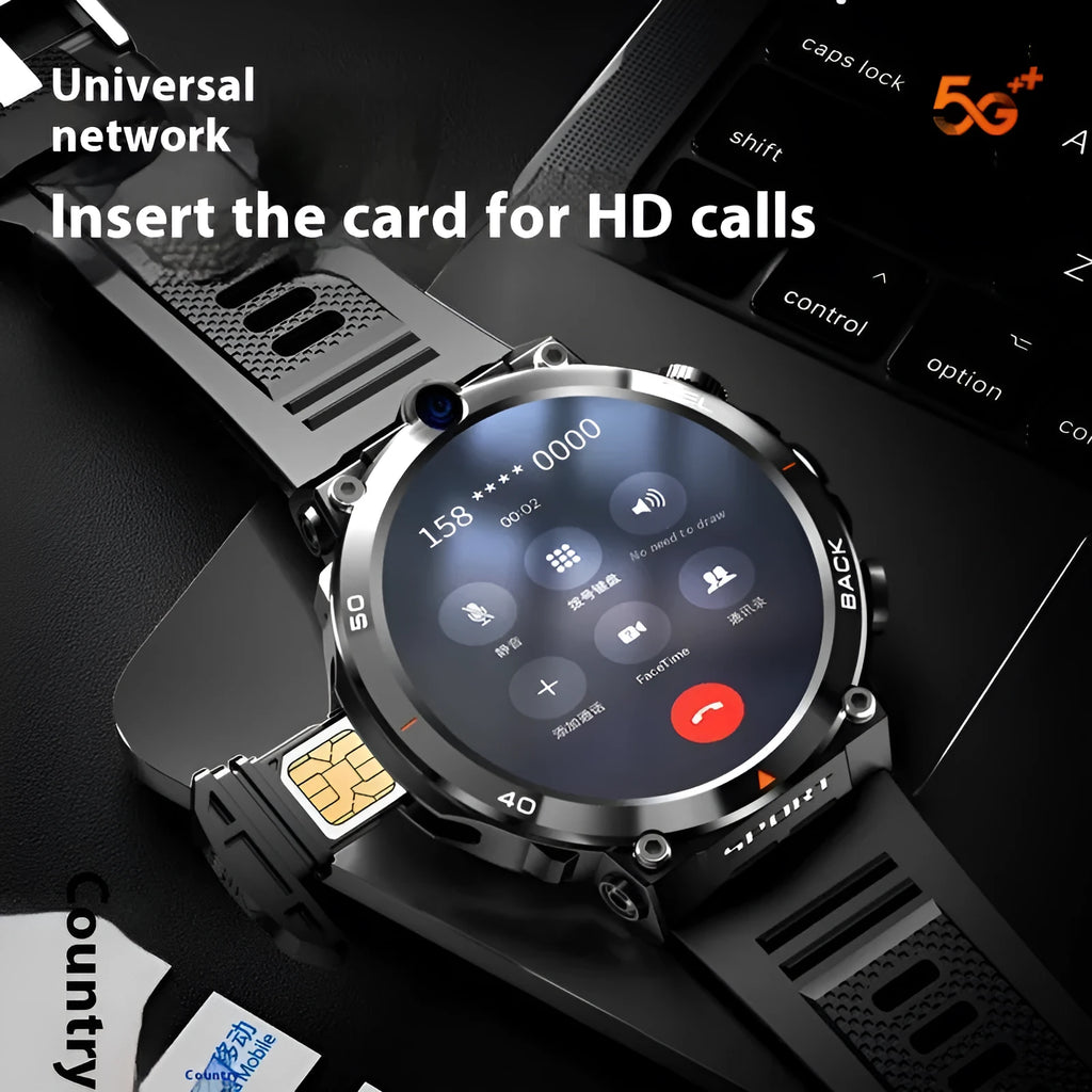 Sports smartwatch with dual cameras, touchscreen display, GPS positioning and heart rate monitoring features