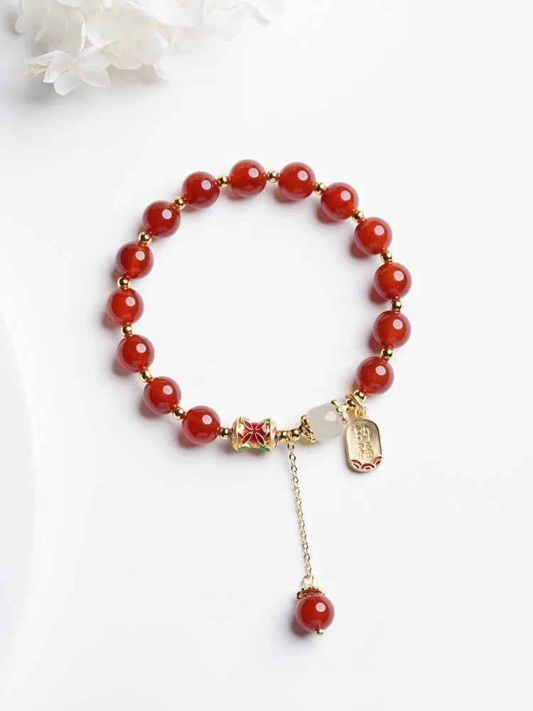 Red agate and Hetian jade beads bracelet for women with gold plating in three style variations