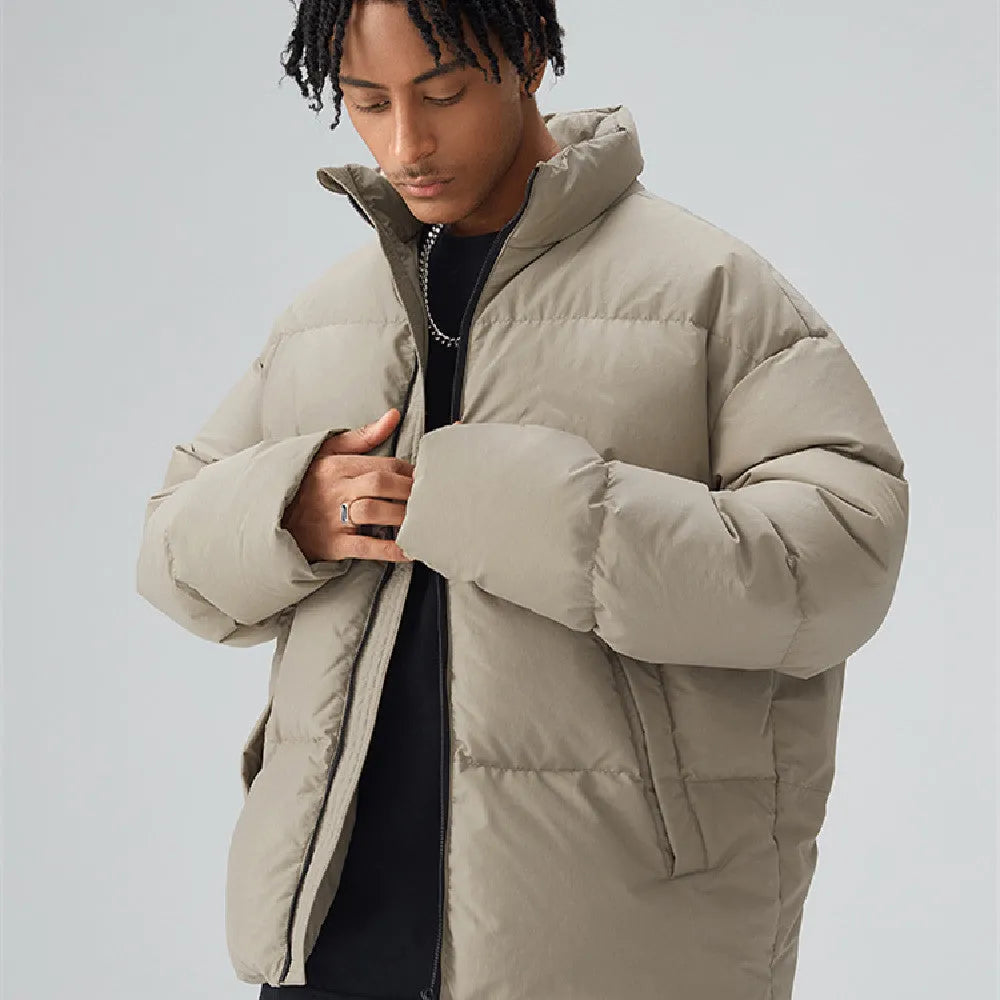 Men's white duck down jacket, short thickened standing collar, light grey, size S-2XL
