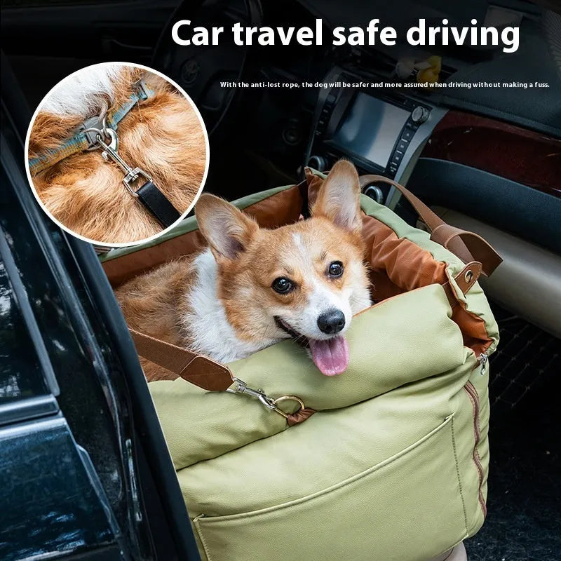 Brown portable car kennel for cats with removable cloth cover showing 55x50x45cm dimensions