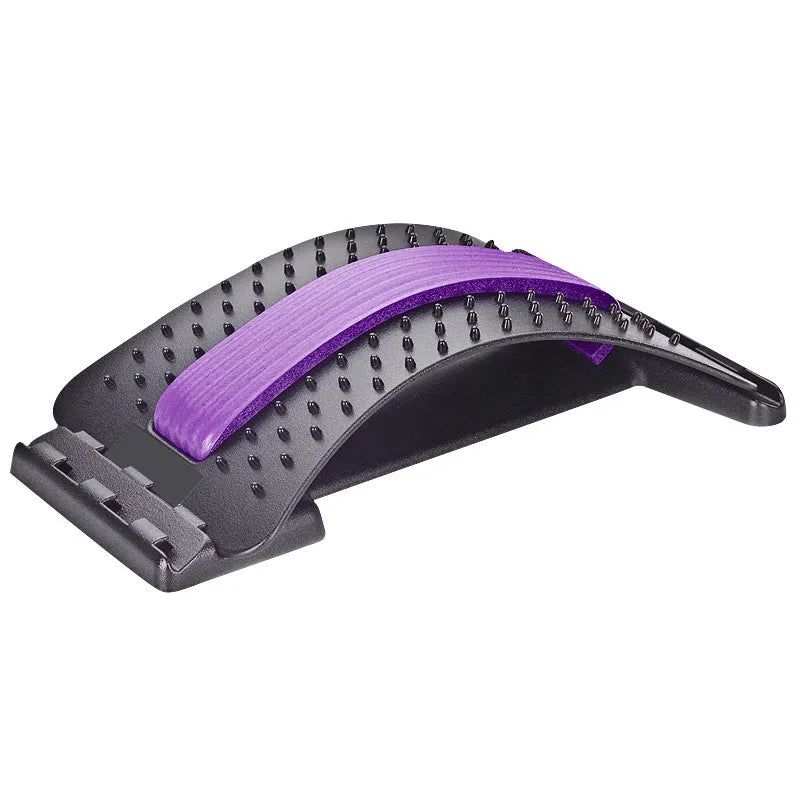 Adjustable back massager and lumbar stretcher in black and colour options, showing massage points.