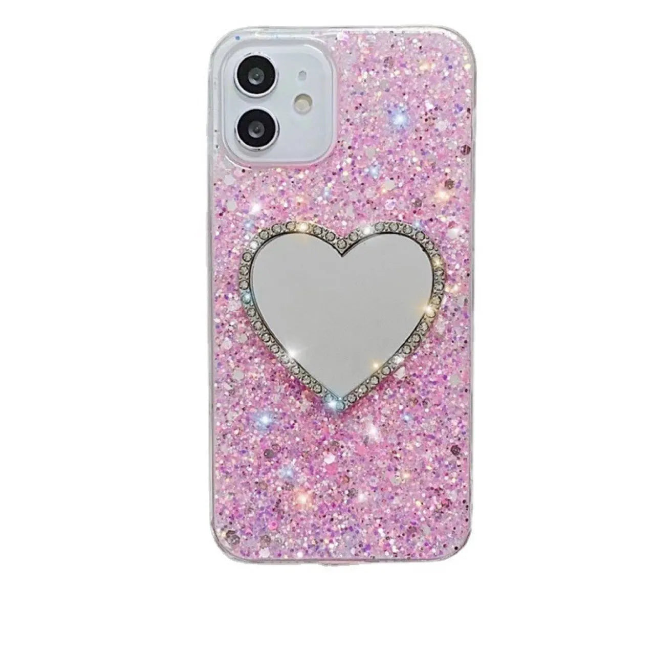 Epoxy mirror heart shape rhinestone phone case for Apple iPhone in glitter heart mirror-gold finish with reflective surface