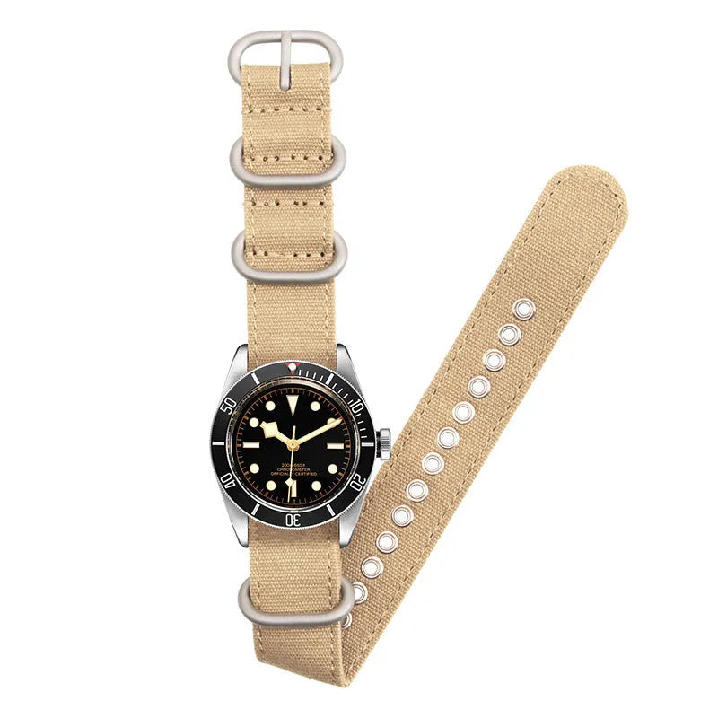 Canvas nylon thickened watch band in army green with silver buckle, 18mm to 26mm sizes available