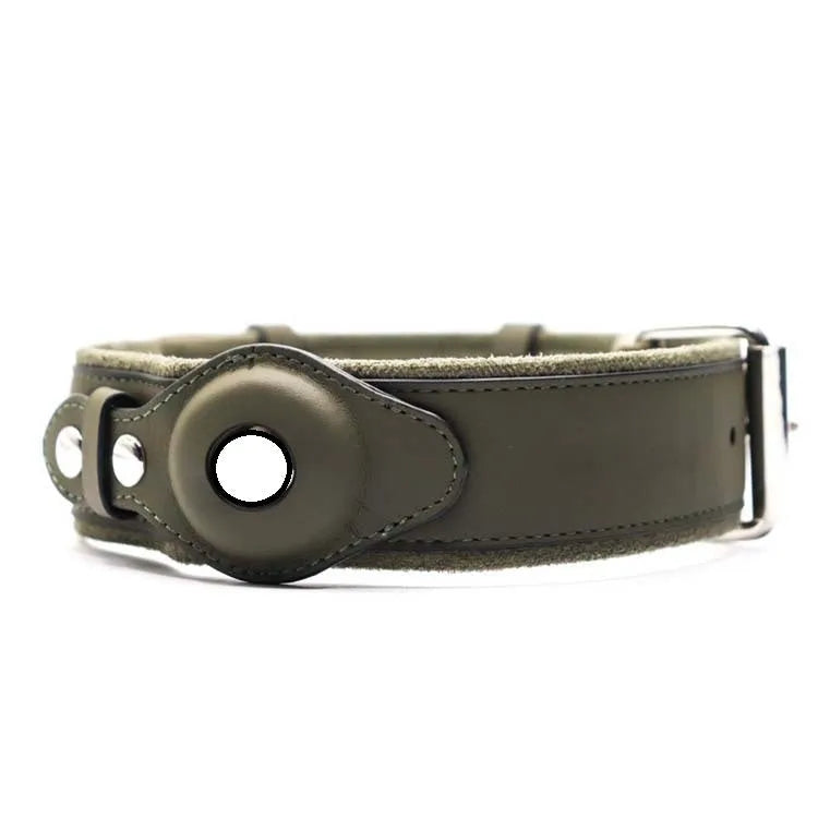 First layer leather dog collar with Apple AirTag slot, available in black, army green, and orange, sizes S M L