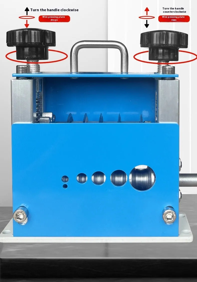 SD-017 manual wire stripping machine tool on a workbench, showing adjustment for cable diameter.