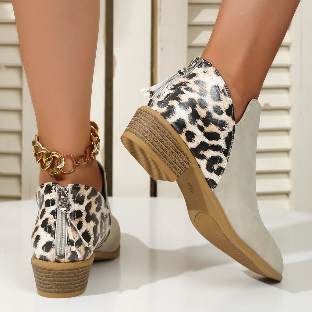 Beige leopard print suede women's ankle boots with pointed toe, chunky heel, and back zipper