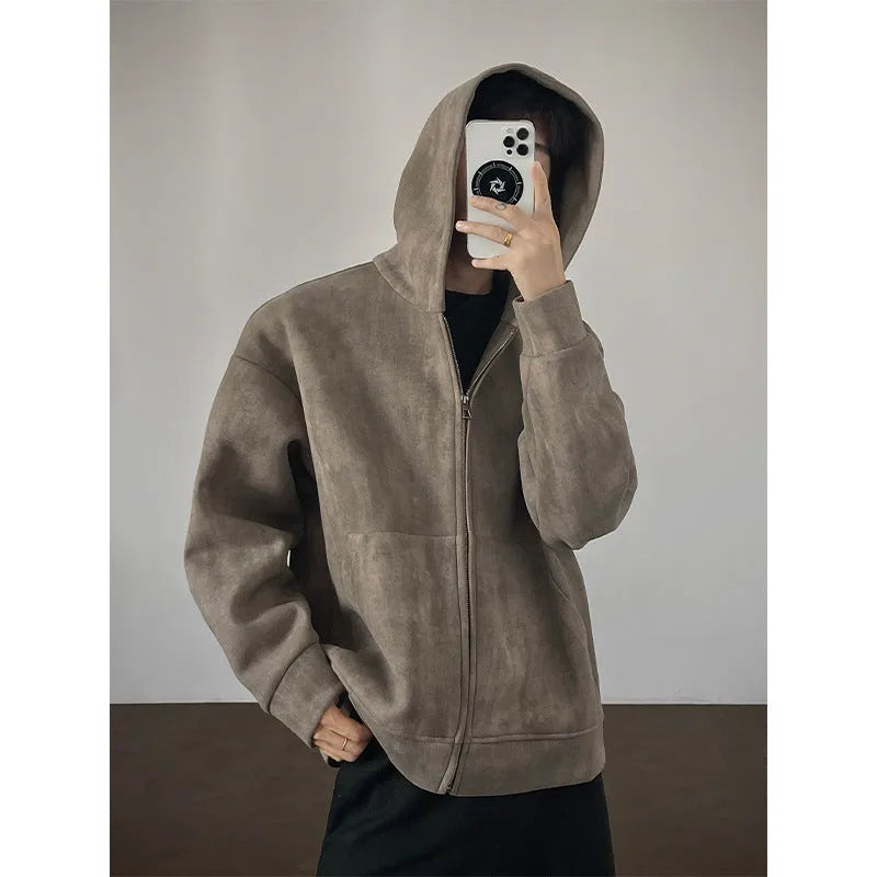Men's plus size tie-dye hooded cardigan in black, loose fit, side pockets, and hood.