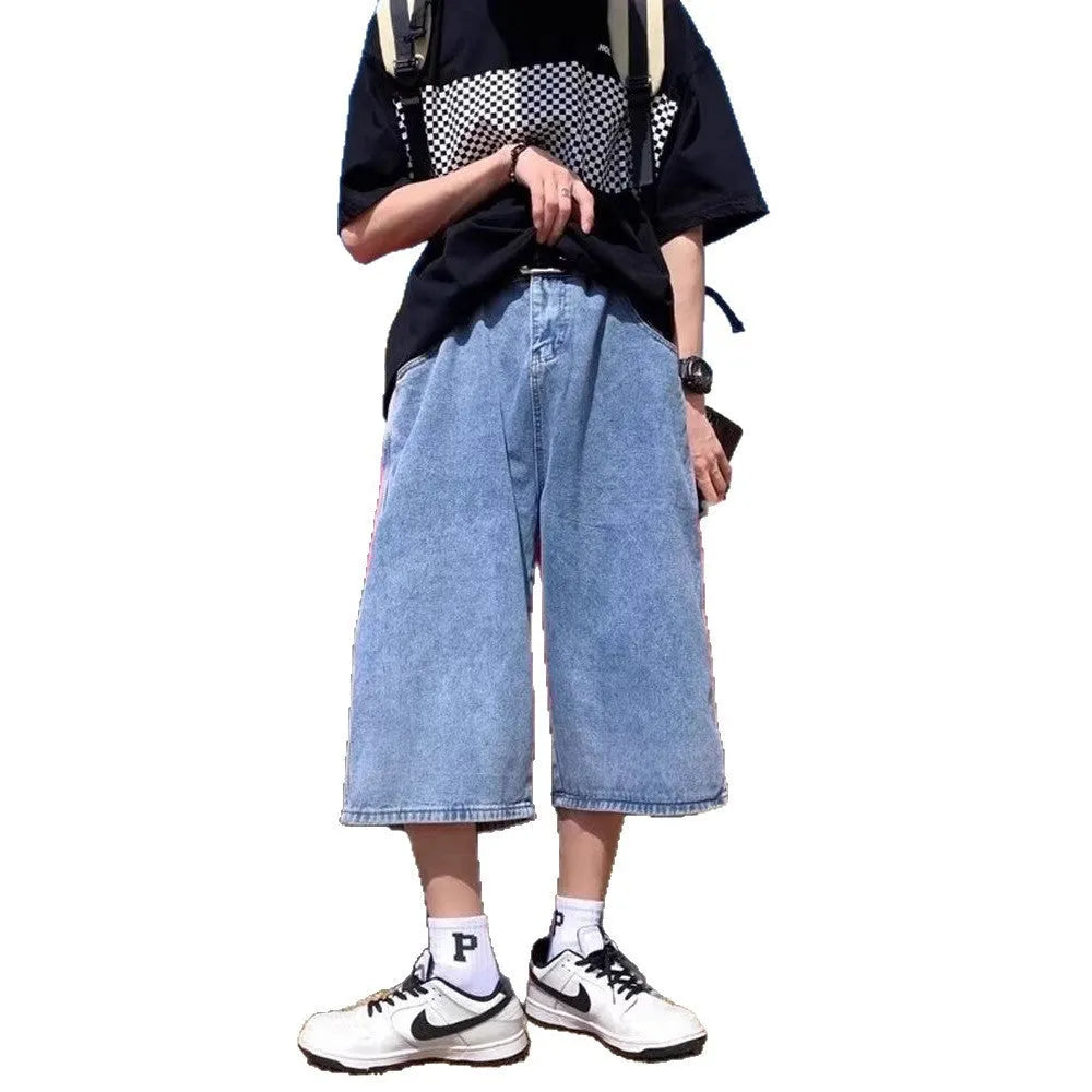 Blue men's thin denim pirate shorts with a high waist and cropped straight-leg fit.