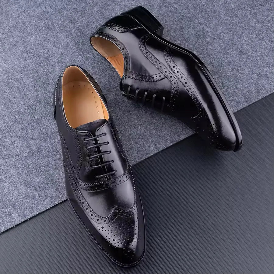 Men's purple hand-carved oxford shoes with pointed toe and rubber sole