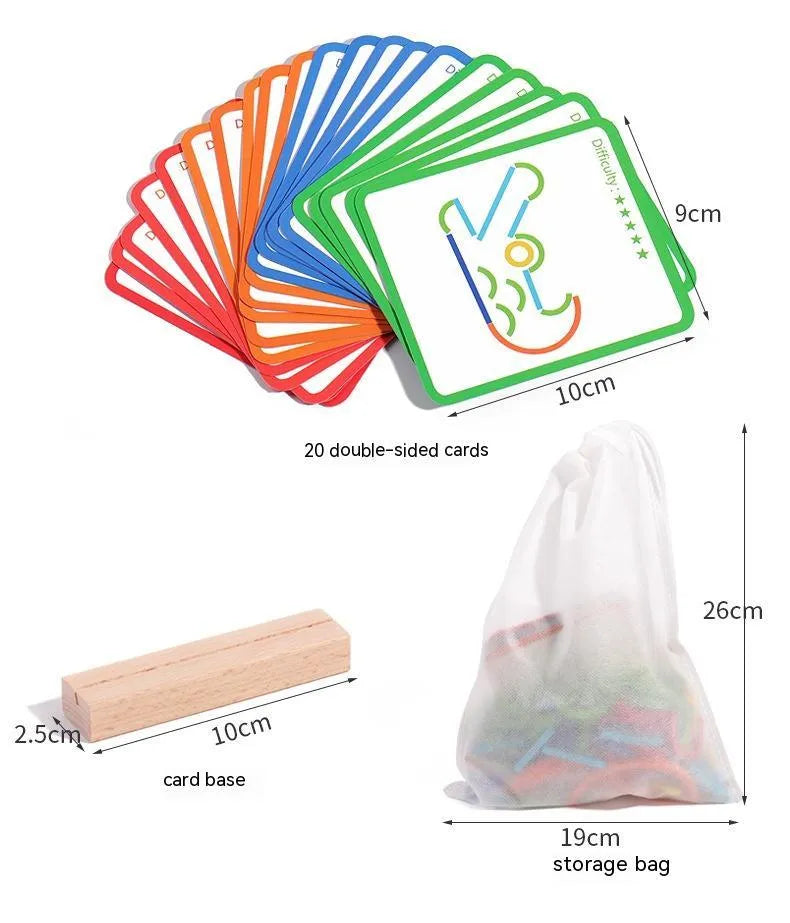 Children's wooden thinking training puzzle with creative stick and ring pieces on illustrated board, colour box packaging