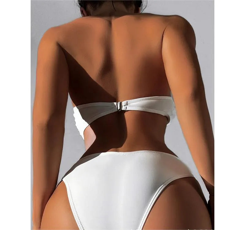 White women's tube top high waist bikini swimsuit set made from nylon and polyester