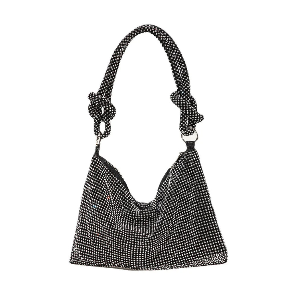 Rhinestone evening bag with full diamond finish, approximately 26x16cm, 13cm handle, polyester lining.