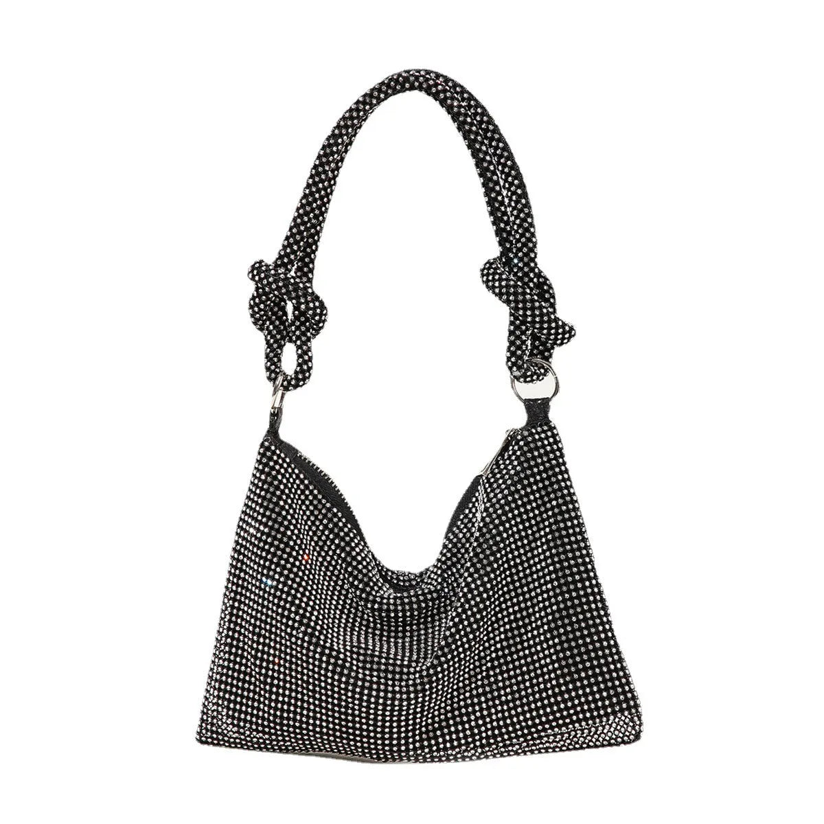 Rhinestone evening bag with full diamond finish, approximately 26x16cm, 13cm handle, polyester lining.