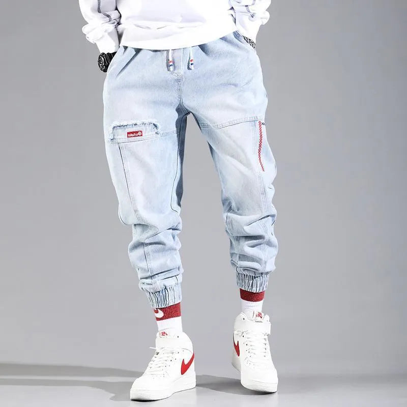 Men's loose straight denim jeans with mid-rise waist and velvet lining in light blue colour