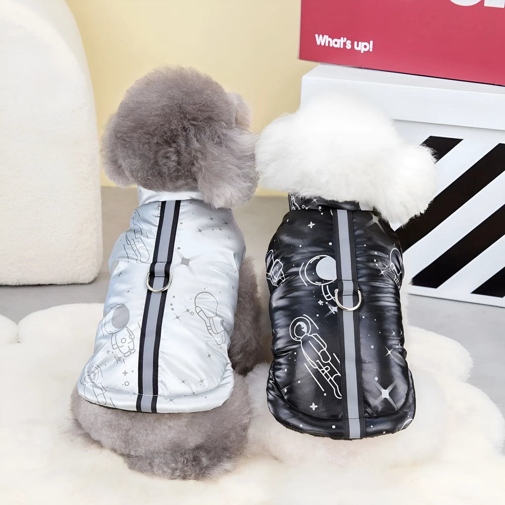 Silver cotton pet vest for small dog, side view on flat surface