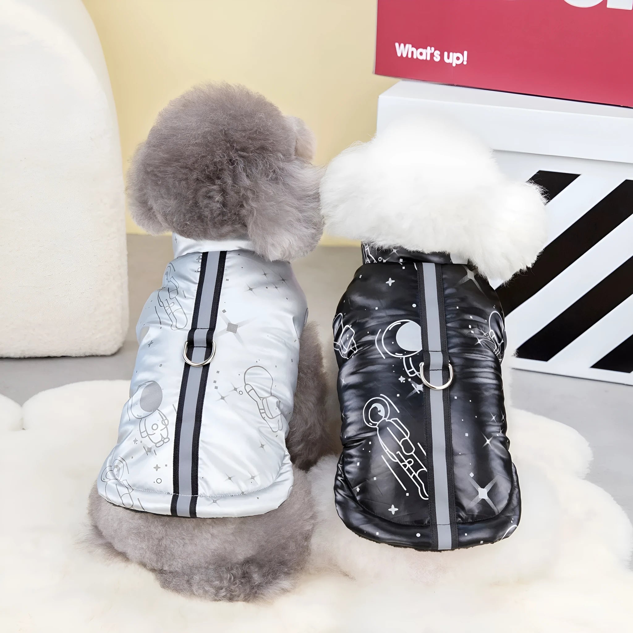 Silver cotton pet vest for small dog, side view on flat surface