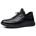 Black men's casual slip-on shoes with leather stitching and square low heel on non-slip rubber sole