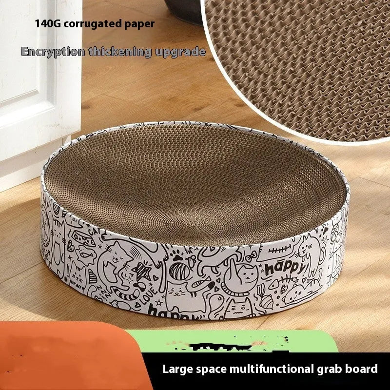 Extra large round white corrugated paper cat scratching board 42x42x10cm with a nest shape on the floor