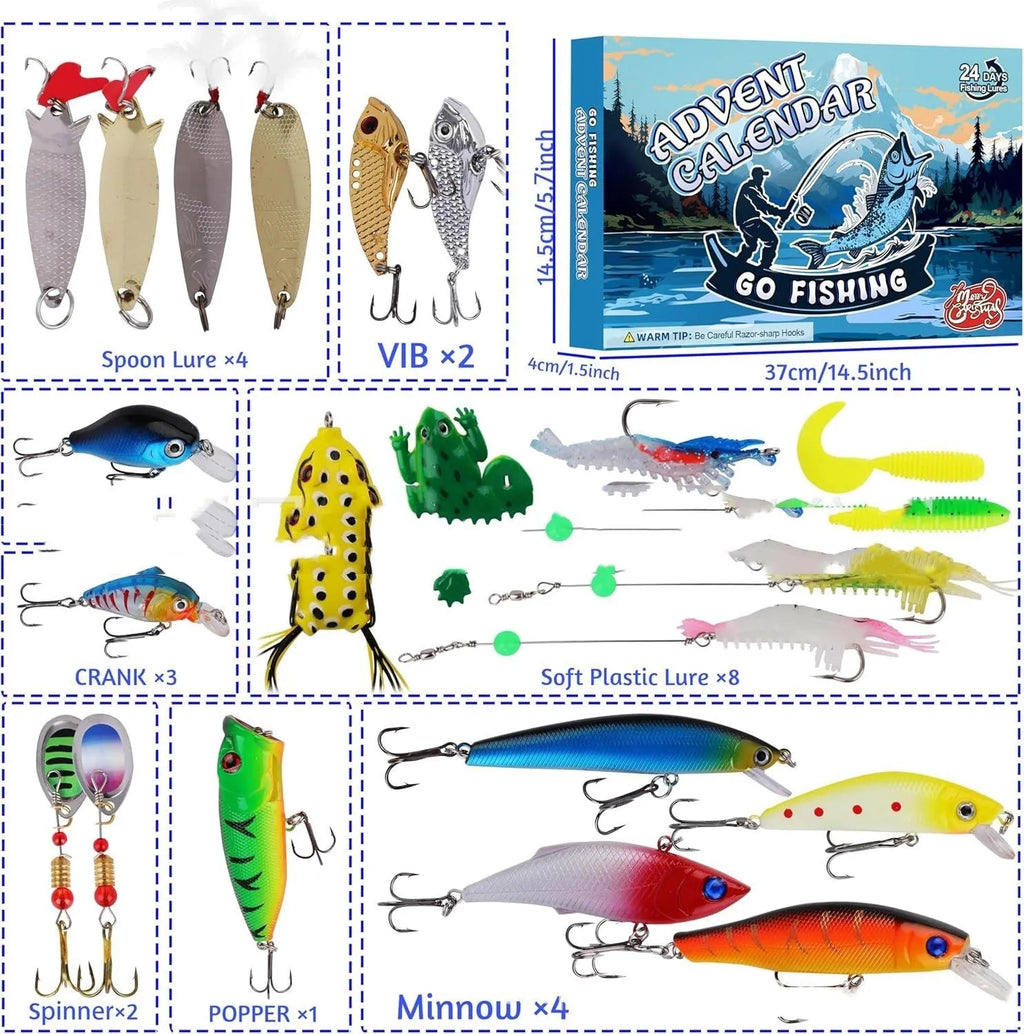 Christmas fishing gear advent calendar set with plastic tackle box showing fourteen compartments
