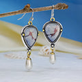 Retro blue drop earrings with synthetic opal and pearl geometric design