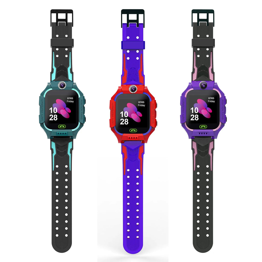 Blue children's smart watch with silicone strap and touch screen on wrist.