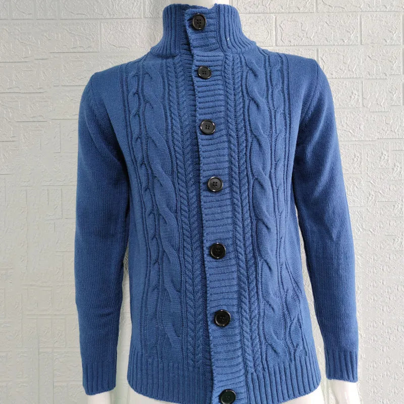 Men's stand collar acrylic knit button cardigan in black, long sleeves, ribbed hem, winter casual wear