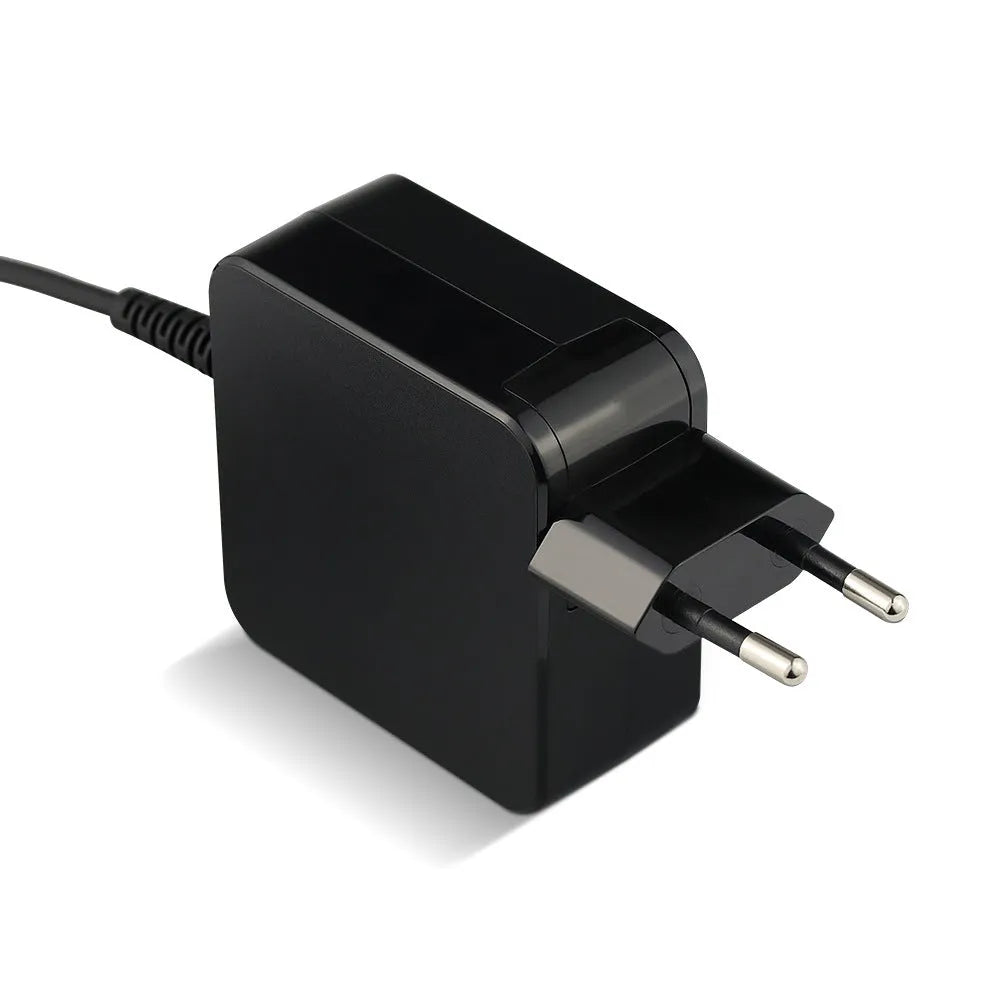 Black 45W laptop power adapter with DC connector and US and EU plug heads