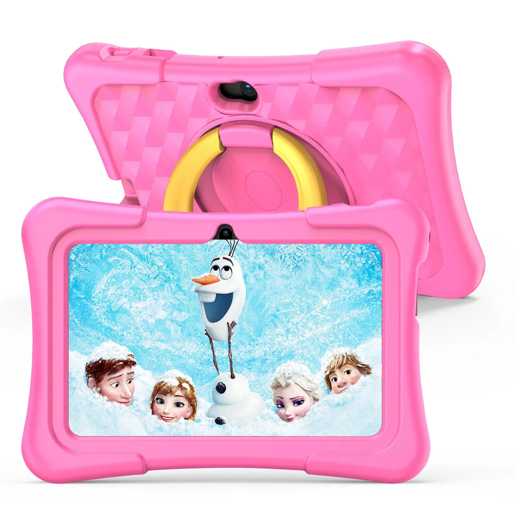Blue children's 7-inch education tablet with a silicone protective cover and a rotating handle bracket.