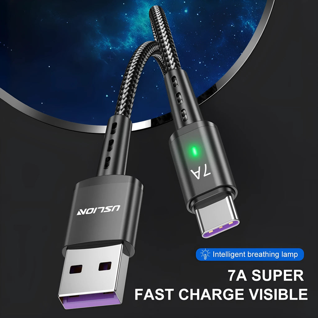 7A braided Type-C charging cable in black with aluminium alloy connector and indicator light