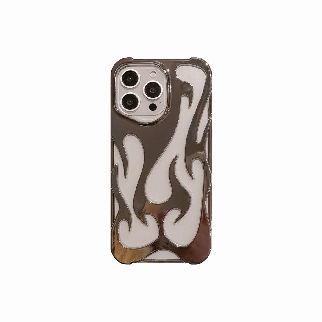 Electroplated hollow flame pattern mobile phone case for iPhone on a dark background, showing silver metallic finish.
