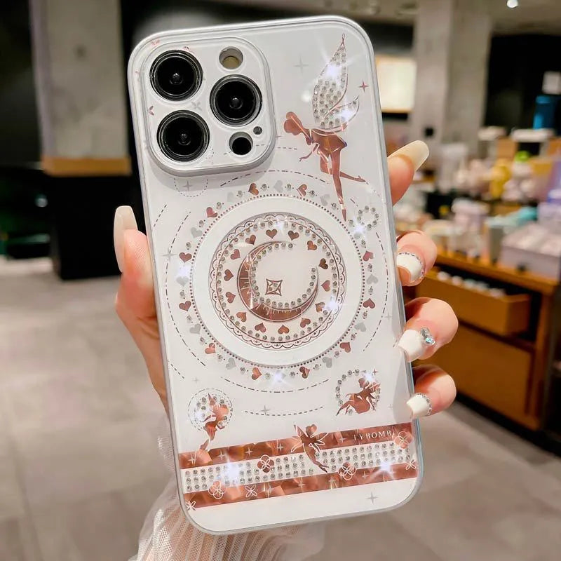 Butterfly fairy diamond magnetic phone case in pink, white, or rose gold for iPhone 11 to 15 Pro Max, with rhinestone bow and TPU PC shell