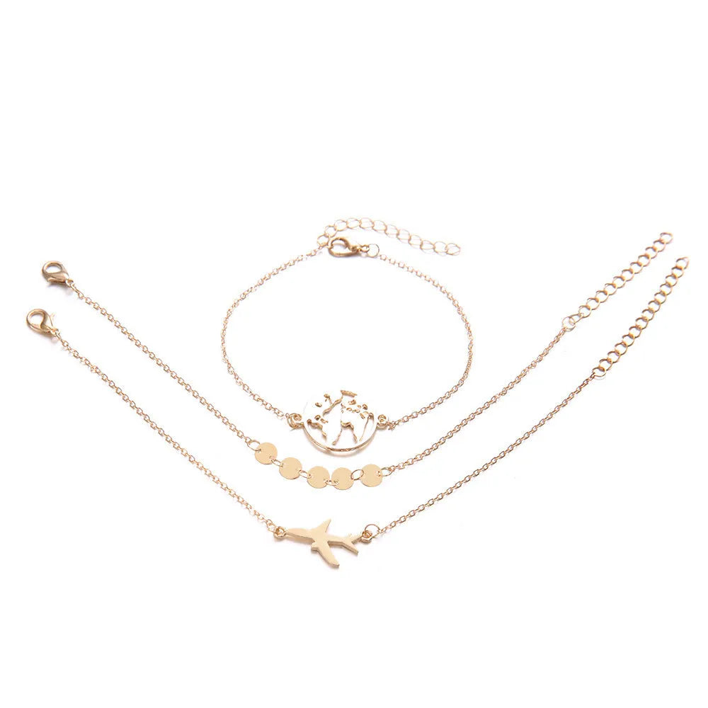 Women's three-piece bohemian aircraft map charm bracelet set with heart-shaped alloy charms