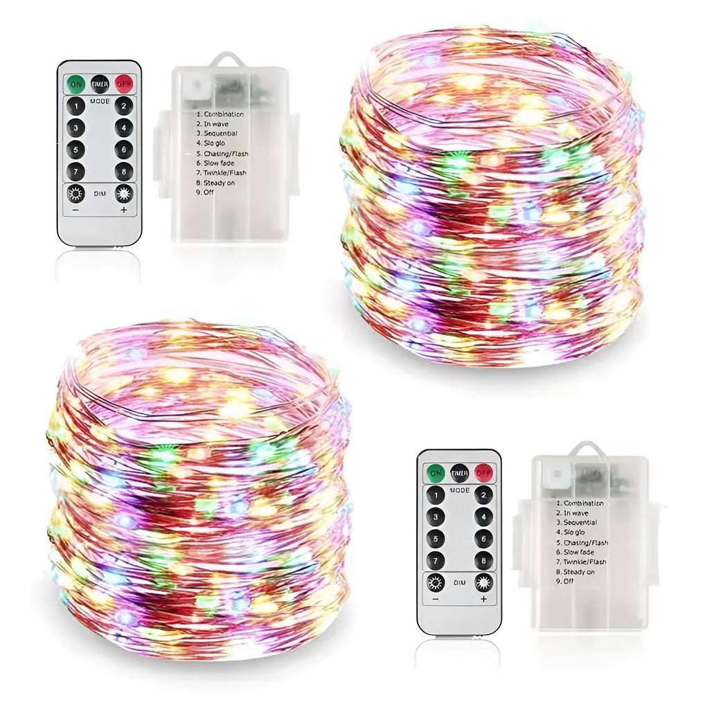 Flexible copper wire LED string light coiled on a table, showing small bulbs and a dual-power control box.