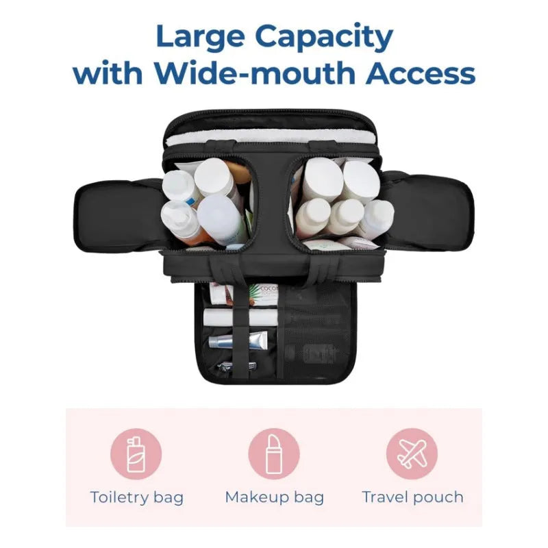 A large, fluffy soft travel toiletry bag in a choice of colours, shown open to reveal its spacious interior.