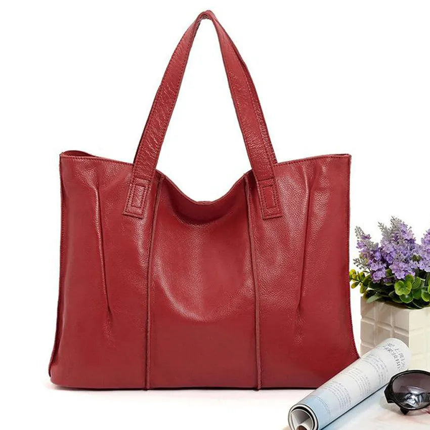 Top grain leather single shoulder tote bag for women, stitching and patchwork detail, apricot colour, large size